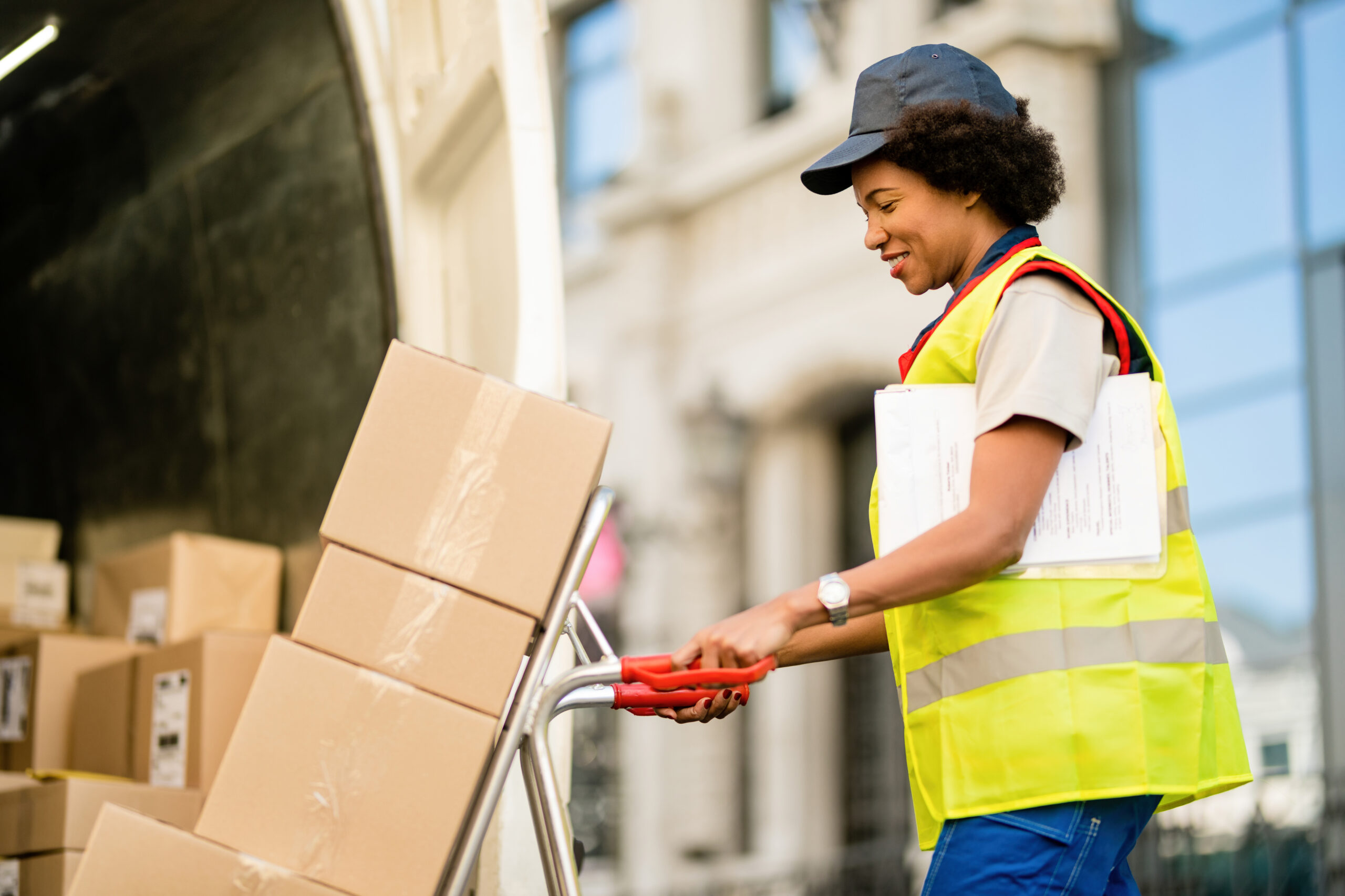 Happy black courier using hands truck while loading packages in a delivery van.